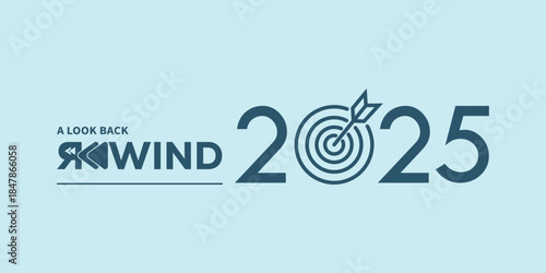Modern “A Look Back Rewind 2025” typography in dark teal on light blue background, with stylized rewind icon and flowing year numbers, ideal for year-in-review videos, social media recaps, and present