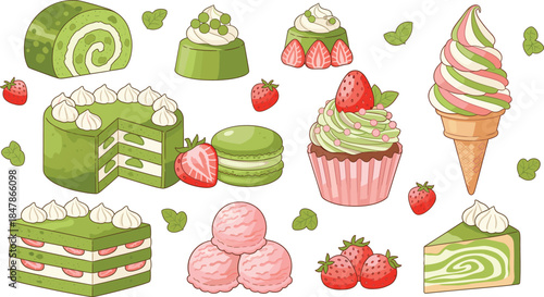 Large set of delicious matcha green tea and strawberry desserts including cakes ice cream macarons cupcakes and rolls for bakery menu and pastry shop cafe