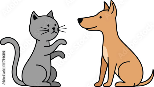 Cute cartoon cat and dog sitting together, playful pet illustration, animal friendship concept, simple bold style, flat vector illustration