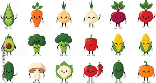 Cute kawaii vegetable character set with smiling faces including carrot broccoli corn tomato pumpkin and avocado isolated on white background flat vector illustration for kids