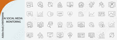 ai social media monitoring icon set with analytics and user tracking, minimal line vector design