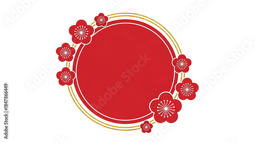 Red Circle Frame with Plum Blossoms Decoration on White Background