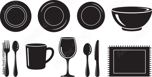 Black silhouettes of dining tableware and utensils