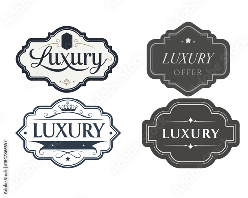 Four elegant vintage labels with luxury text and ornate borders