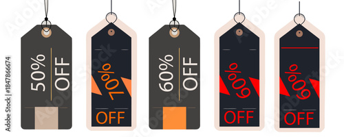 Row of black and white price tags showing various percentage discounts