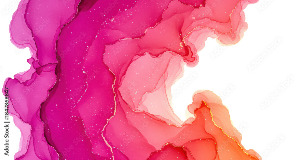Obraz premium Dynamic abstract watercolor swirl of magenta and coral pink, textured with iridescent glitter specks, contrasting sharply against stark white copy space background. Concept of high-impact graphic