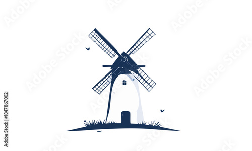 Classic Dutch windmill silhouette with rotating blades against a white background
