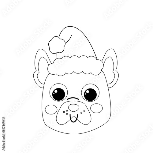 Cute Christmas Dog Line Art Wearing Santa Hat. Outline Illustration for Kids Coloring Pages, Holiday Crafts, Pet-Themed Christmas Designs