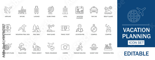 Vacation Planning line Icon Set. Features icons of airplane, Holiday, Trip, Tourism, Passport, hotel, beach, ticket, camera. Perfect for travel websites and tour apps.
