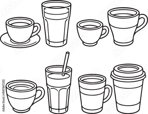 Milk Coffee Classics Black and White 3D Line Art Drink Set.eps