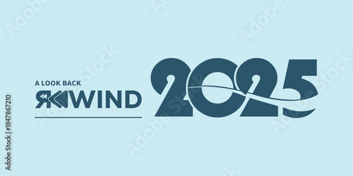 Modern “A Look Back Rewind 2025” typography in dark teal on light blue background, with stylized rewind icon and flowing year numbers, ideal for year-in-review videos, social media recaps, and present