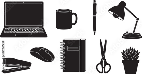 Modern office supplies and gadgets on white background