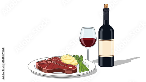 Steak dinner with red wine and asparagus