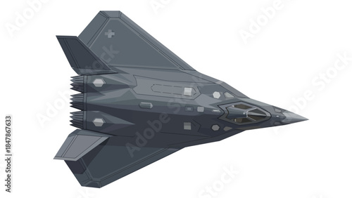 Stealth jet fighter aircraft angular design dark gray color twin vertical stabilizers
