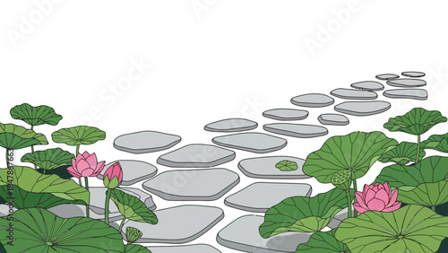 Stepping stones wind through lush green lily pads and pink lotus flowers