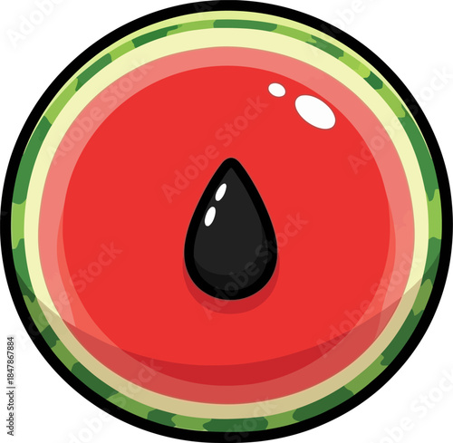 A stylized illustration of a single watermelon slice with a prominent black seed.