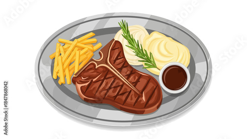 Tbone steak with fries mashed potatoes and sauce on a plate