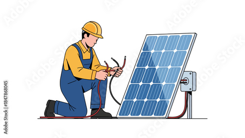 Technician connecting wires to a solar panel