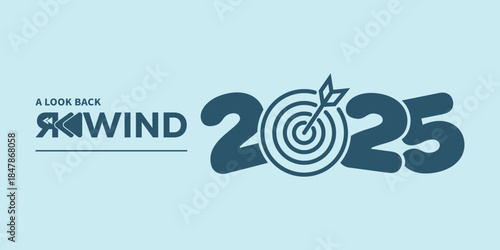 Modern “A Look Back Rewind 2025” typography in dark teal on light blue background, with stylized rewind icon and flowing year numbers, ideal for year-in-review videos, social media recaps, and present