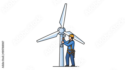 Technician repairs wind turbine with wrenches wearing hard hat and harness