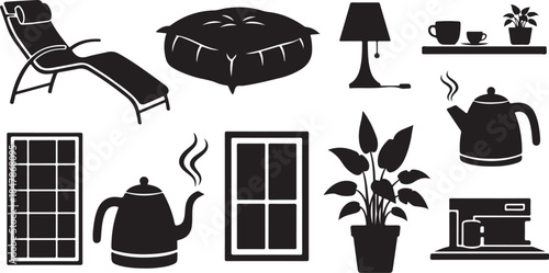 Black icons of home and office items on white background