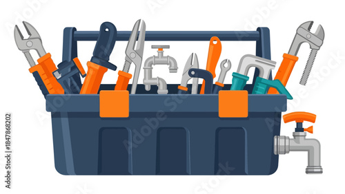 Toolbox filled with plumbing tools and a faucet