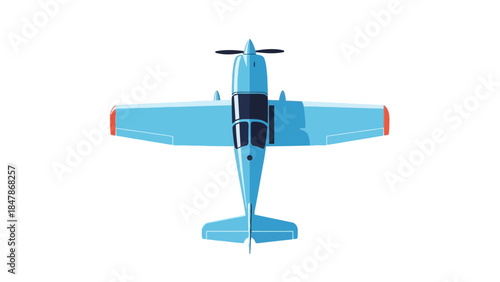 Topdown view of a blue propeller plane on a white background