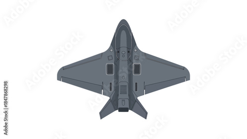 Topdown view of a stealth fighter jet with a dark gray angular design