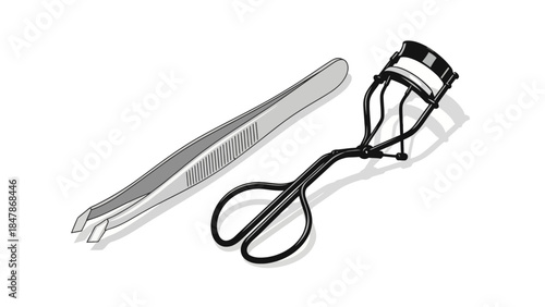 Tweezers and eyelash curler on a white background