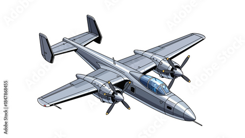 Twinengine propeller aircraft with a gray body and blue cockpit