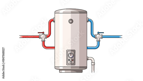 Water heater with red and blue pipes and valves