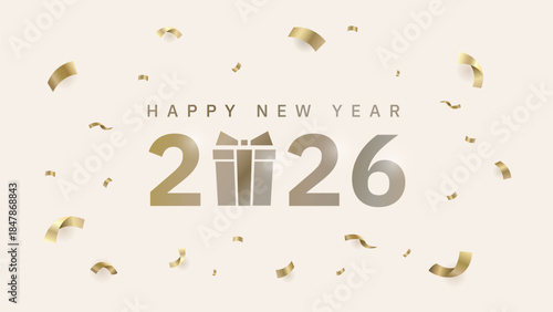 Happy new year 2026 text with gift box icon modern luxury design. Gold elegance typography with confetti ribbon on light beige backgrounds for festivity celebration poster greeting invitation card.