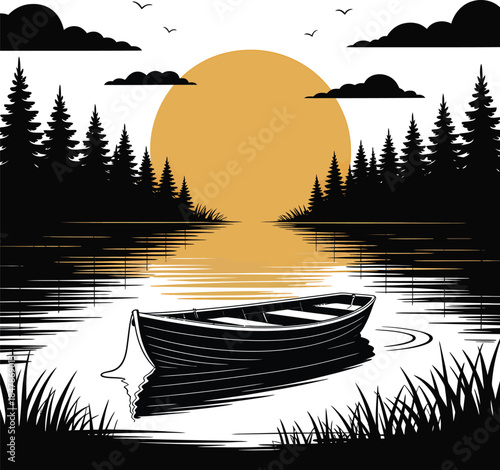 Landscape With Boat On Lake And Forest Silhouette Against Sunset Vector Design