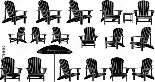 Collection of Black Adirondack Chair Silhouettes Showing Multiple Angles Outdoor Patio Furniture Seating Set Isolated on White Background Vector Style