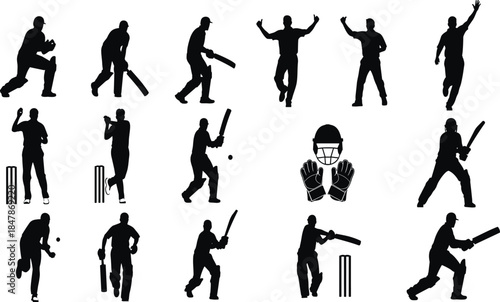 Set of Cricket Player Silhouettes Showing Batting Bowling Fielding and Celebration Poses with Equipment Isolated on White Background Vector