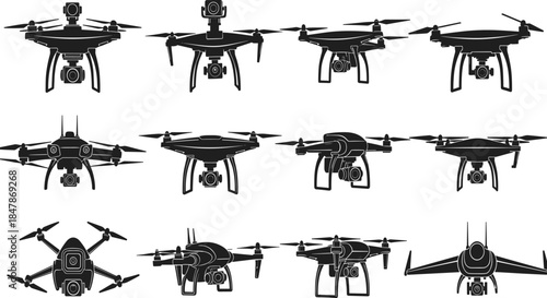 Collection of professional quadcopter drone silhouettes showing multiple angles, designs, and camera configurations isolated on white background vector