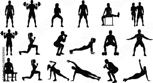 Set of Fitness Training and Workout Silhouettes Showing Strength Cardio and Exercise Poses Isolated on White Background Vector