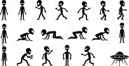 Alien character silhouette set showing walking crawling running poses and UFO spacecraft isolated on white background vector illustration