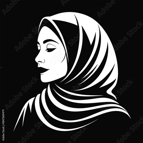 Muslim Woman In Hijab Silhouette Vector Illustration Isolated On Black Background