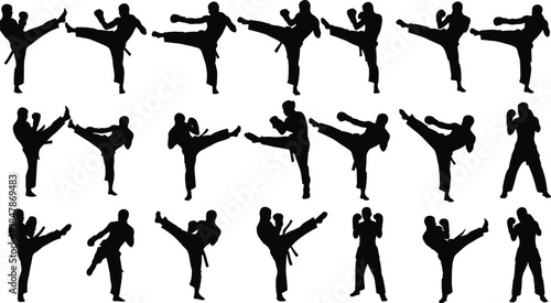 Set of Martial Arts and Kickboxing Fighter Silhouettes Showing High Kicks Combat Poses and Fighting Techniques Isolated on White Background Vector