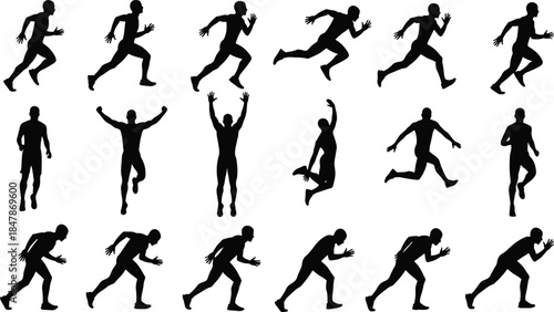 Set of Running and Jumping Athlete Silhouettes Showing Sprinting Movement and Dynamic Sports Poses Isolated on White Background Vector