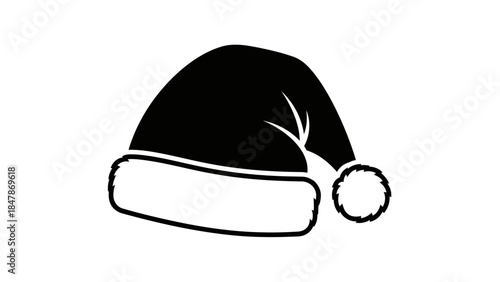 Black christmas santa hat silhouette icon with fluffy white brim and pom-pom isolated on white background, Vector