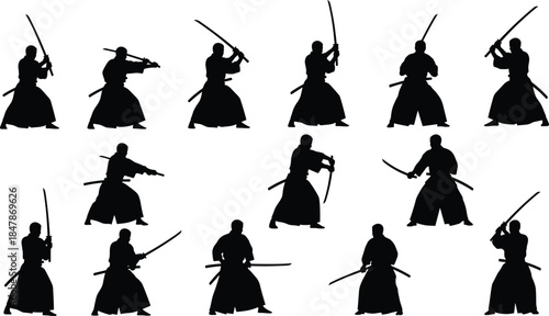 Set of Samurai Warrior Silhouettes Practicing Katana Sword Techniques and Traditional Martial Arts Poses Isolated on White Background Vector