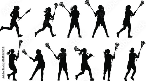 Set of Female Lacrosse Player Silhouettes Showing Running Passing and Shooting Action Poses Isolated on White Background Vector Illustration