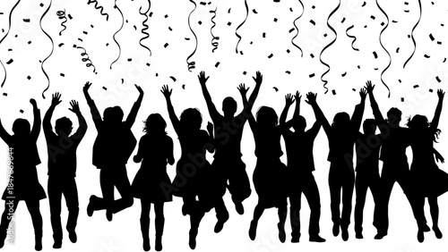 Celebrating group of diverse people silhouettes with confetti and streamers isolated on white background, Vector