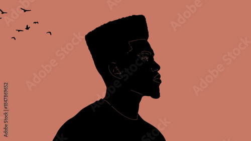 Young african american man's silhouette against a vibrant sunset sky isolated on white background, Vector