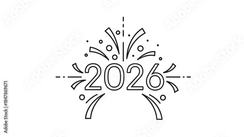 2026 new year celebration simple line art graphic with festive burst elements isolated on white background, Vector