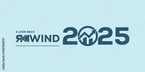 Modern “A Look Back Rewind 2025” typography in dark teal on light blue background, with stylized rewind icon and flowing year numbers, ideal for year-in-review videos, social media recaps, and present