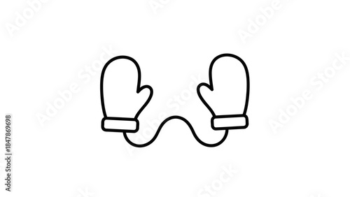Outline drawing of a pair of connected mittens, winter clothing icon symbol isolated on white background, Vector