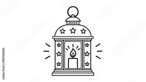 A line art icon of a decorative lantern with a lit candle and stars. isolated on white background, Vector